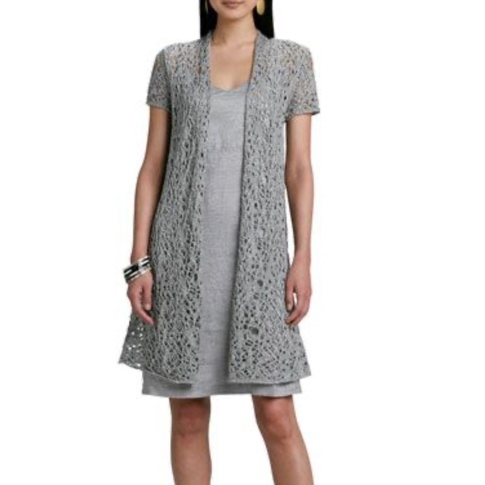 Eileen Fisher Rustic Luster Long Open Crochet Linen Blend Cardigan Gray Smalll